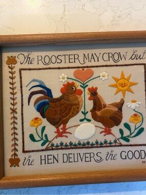 Embroidered Rooster & Hen Wall Art - Farmhouse Folk Design